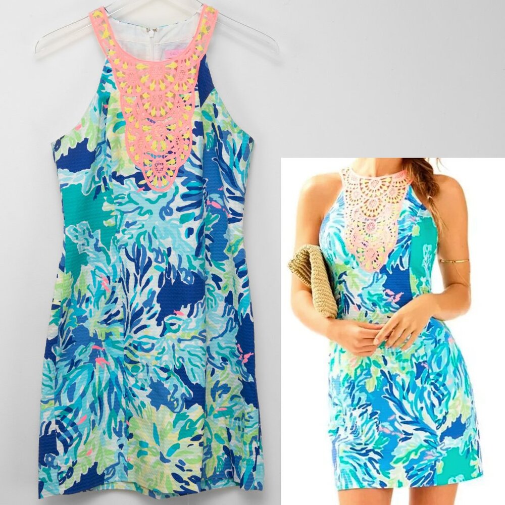 Lilly Pulitzer Pearl Shift Dress Brilliant Blue Wade & Sea Shift Colorful Size 2